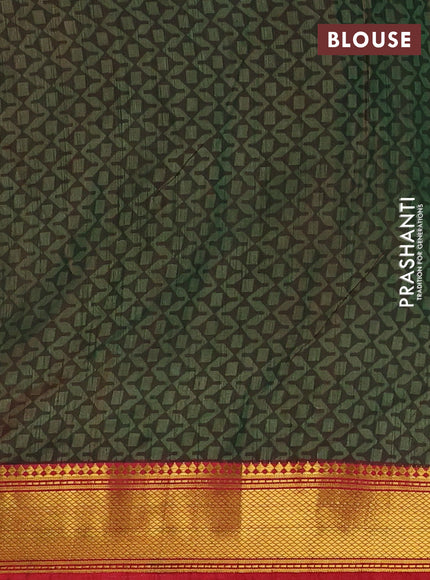 Semi tussar saree dark green and maroon with allover ikat prints and zari woven border