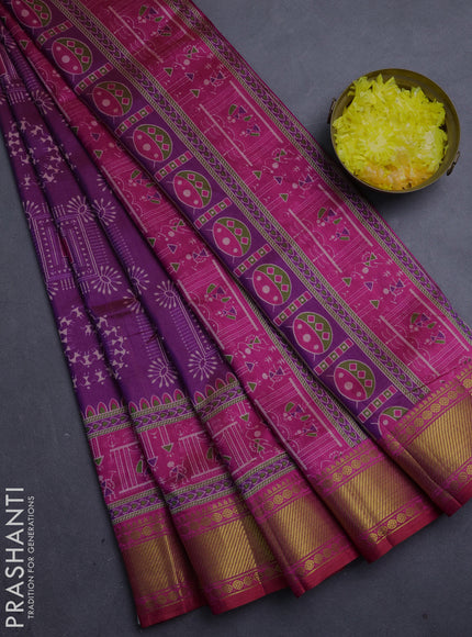Semi tussar saree purple and pink with allover warli prints and ikat zari woven border
