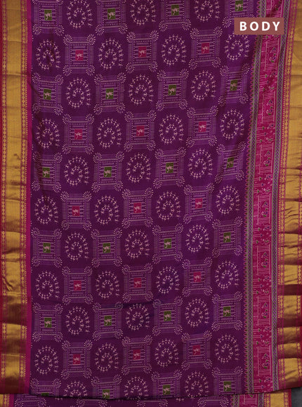 Semi tussar saree purple and pink with allover warli prints and ikat zari woven border
