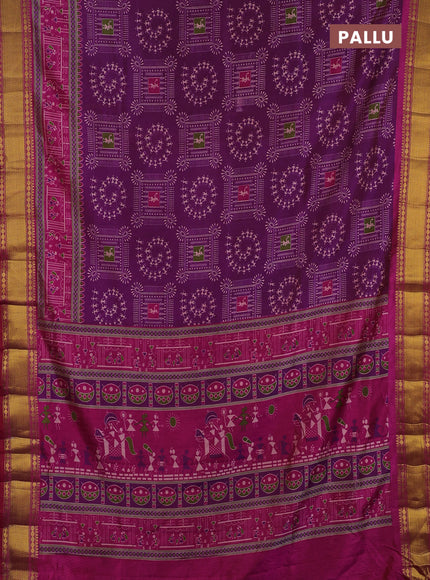 Semi tussar saree purple and pink with allover warli prints and ikat zari woven border