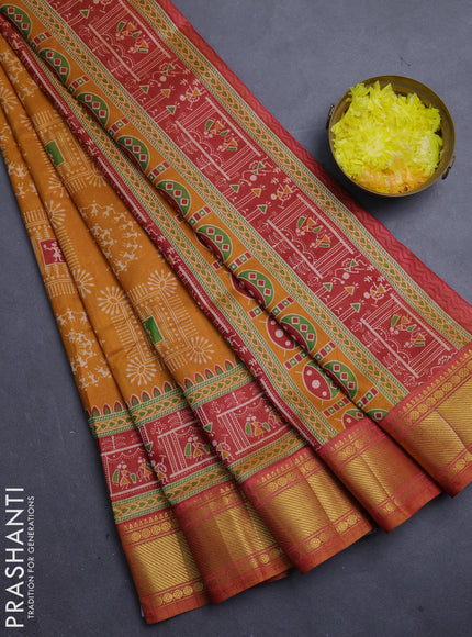 Semi tussar saree mustard yellow and maroon with allover warli prints and ikat zari woven border