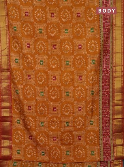 Semi tussar saree mustard yellow and maroon with allover warli prints and ikat zari woven border