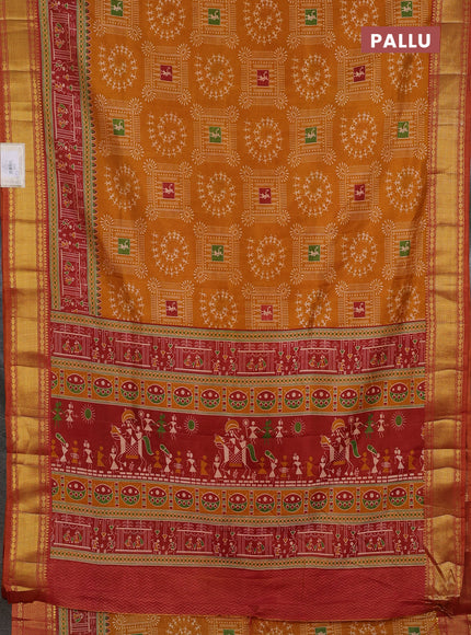 Semi tussar saree mustard yellow and maroon with allover warli prints and ikat zari woven border