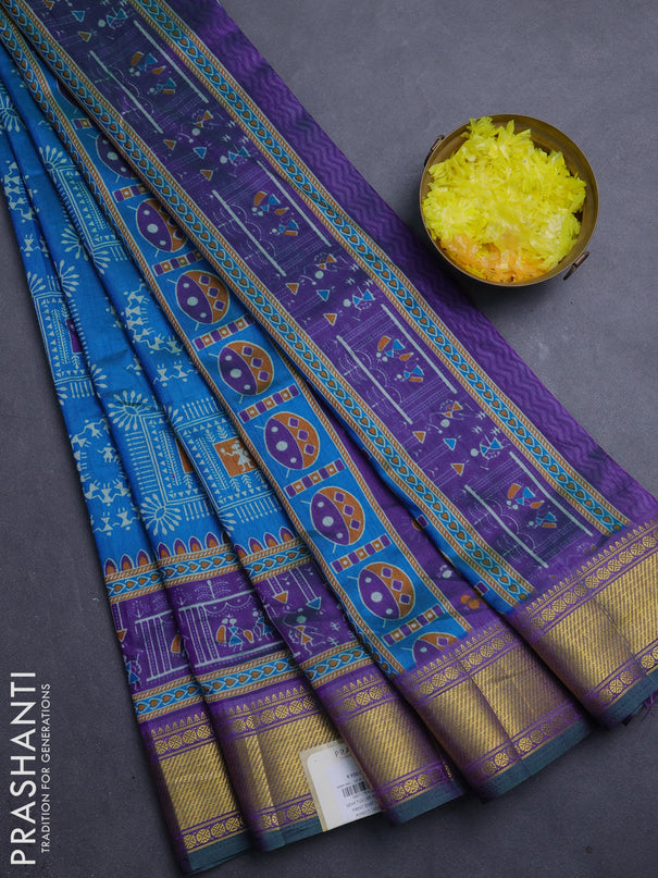 Semi tussar saree cs blue and purple with allover warli prints and ikat zari woven border