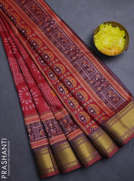Semi tussar saree maroon with allover warli prints and ikat zari woven border