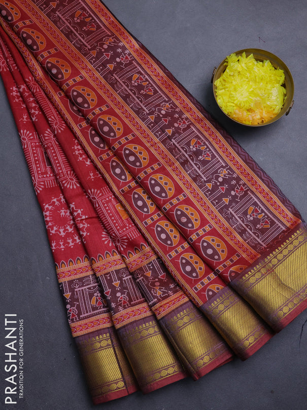 Semi tussar saree maroon with allover warli prints and ikat zari woven border