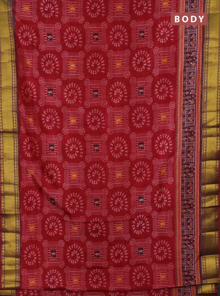 Semi tussar saree maroon with allover warli prints and ikat zari woven border