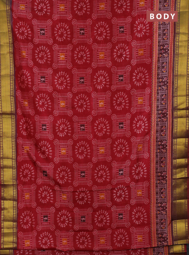Semi tussar saree maroon with allover warli prints and ikat zari woven border