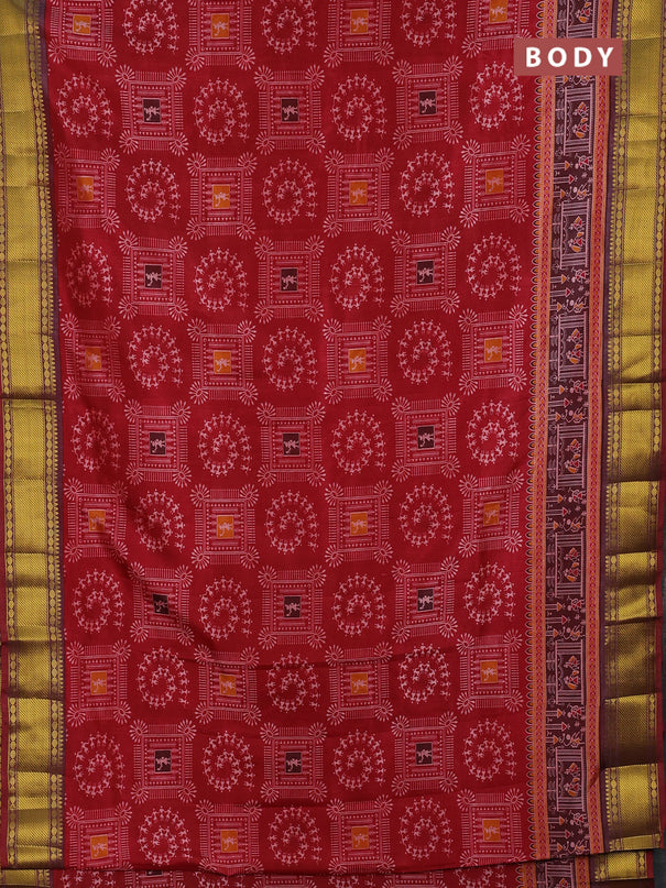 Semi tussar saree maroon with allover warli prints and ikat zari woven border