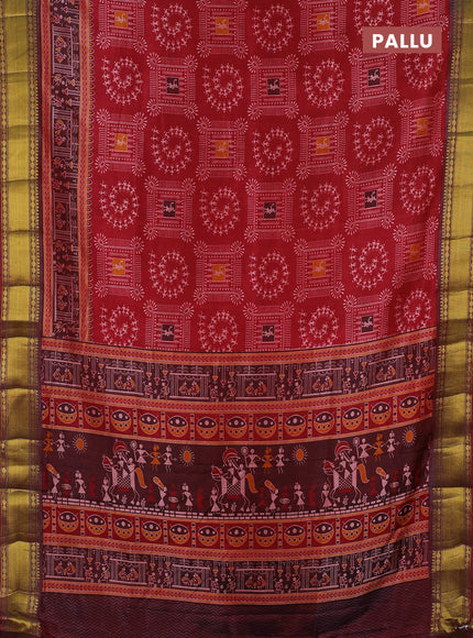 Semi tussar saree maroon with allover warli prints and ikat zari woven border