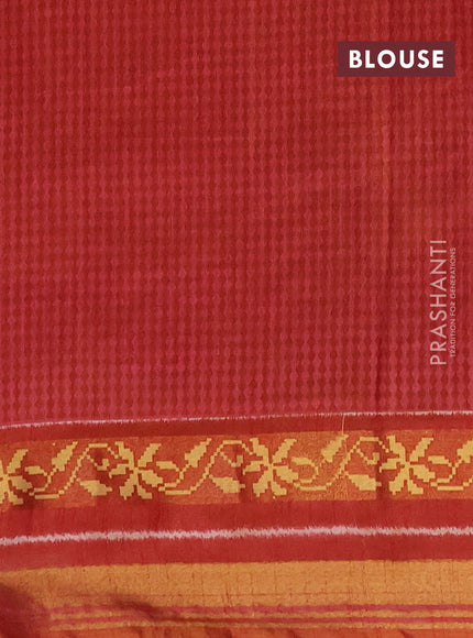 Semi tussar saree mehendi green and rustic orange with allover ikat prints and ikat woven zari border