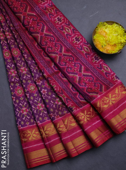 Semi tussar saree dual shade of purple and pink with allover ikat prints and ikat woven zari border