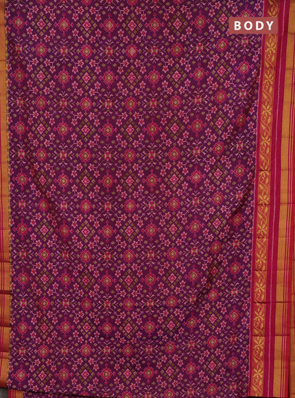 Semi tussar saree dual shade of purple and pink with allover ikat prints and ikat woven zari border