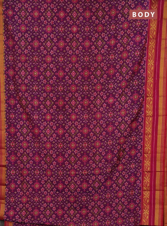 Semi tussar saree dual shade of purple and pink with allover ikat prints and ikat woven zari border