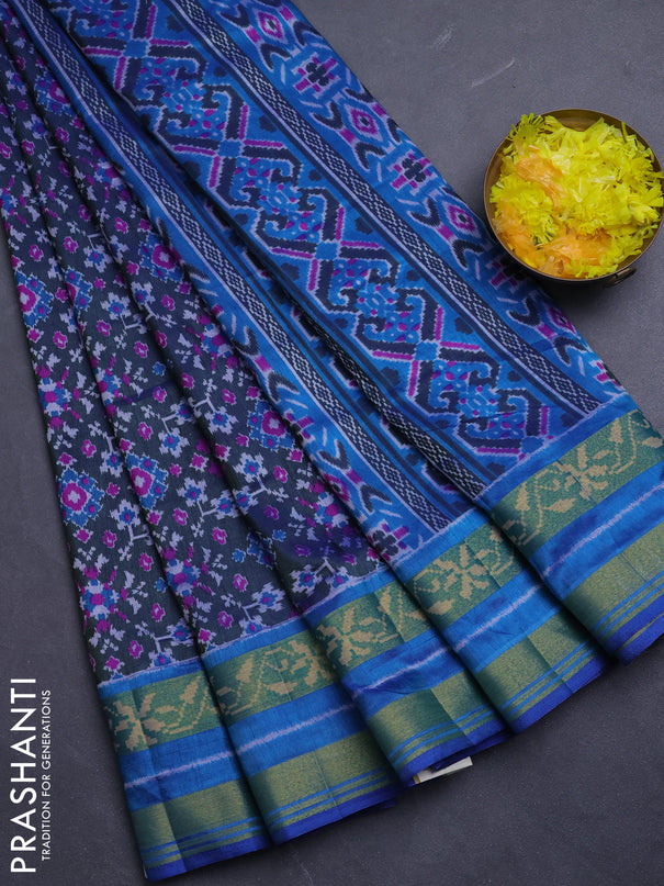 Semi tussar saree bottle green and blue with allover ikat prints and ikat woven zari border