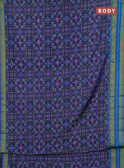 Semi tussar saree bottle green and blue with allover ikat prints and ikat woven zari border