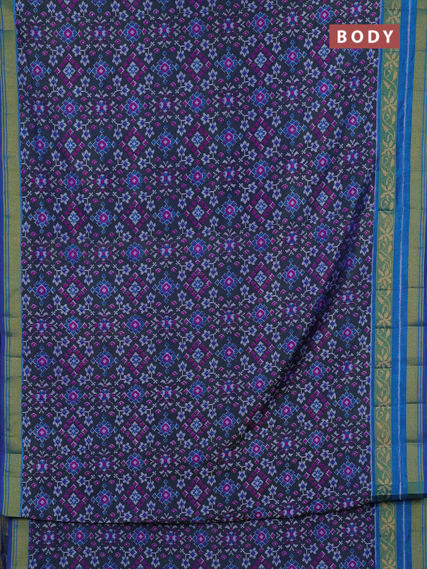 Semi tussar saree bottle green and blue with allover ikat prints and ikat woven zari border