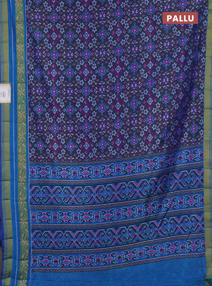 Semi tussar saree bottle green and blue with allover ikat prints and ikat woven zari border