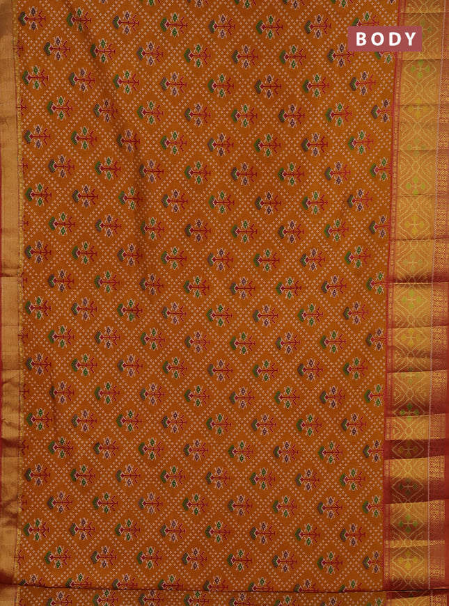 Semi tussar saree mustard yellow and rustic orange with allover leheriya style ikat weaves and ikat woven zari border