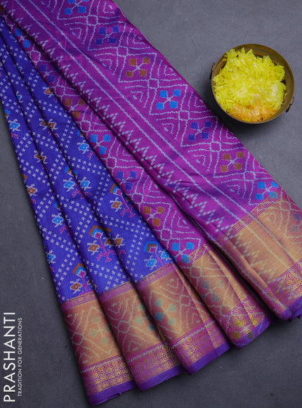 Semi tussar saree blue and pink with allover leheriya style ikat weaves and ikat woven zari border