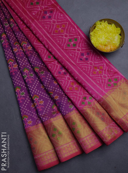 Semi tussar saree purple and pink with allover leheriya style ikat weaves and ikat woven zari border