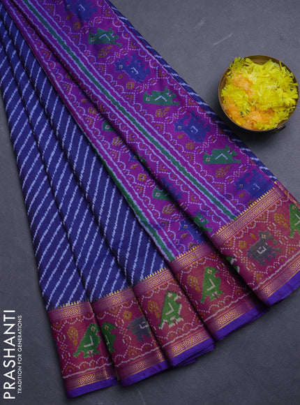 Semi tussar saree indigo blue and purple with allover leheriya style ikat weaves and ikat woven zari border