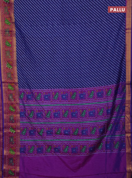 Semi tussar saree indigo blue and purple with allover leheriya style ikat weaves and ikat woven zari border