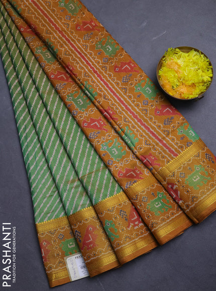Semi tussar saree light green and mustard yellow with allover leheriya style ikat weaves and ikat woven zari border