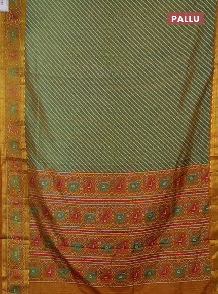Semi tussar saree light green and mustard yellow with allover leheriya style ikat weaves and ikat woven zari border