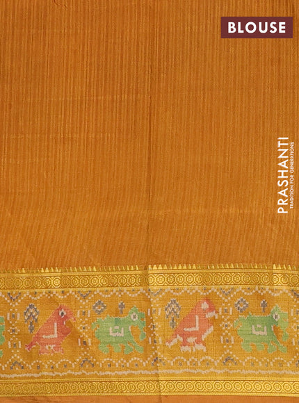 Semi tussar saree light green and mustard yellow with allover leheriya style ikat weaves and ikat woven zari border