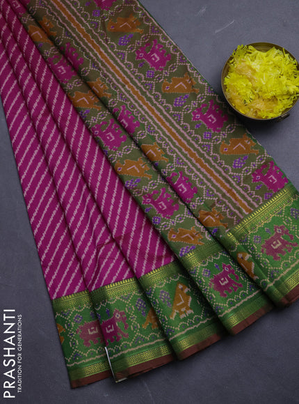 Semi tussar saree dark pink and green with allover leheriya style ikat weaves and ikat woven zari border