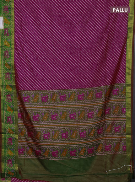 Semi tussar saree dark pink and green with allover leheriya style ikat weaves and ikat woven zari border