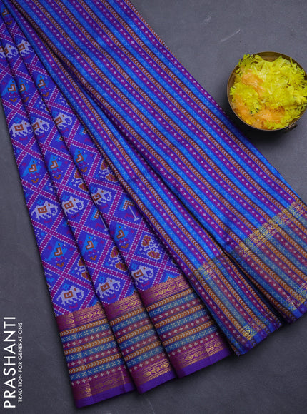 Semi tussar saree blue with allover patola prints and ikat woven zari border