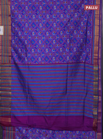 Semi tussar saree blue with allover patola prints and ikat woven zari border