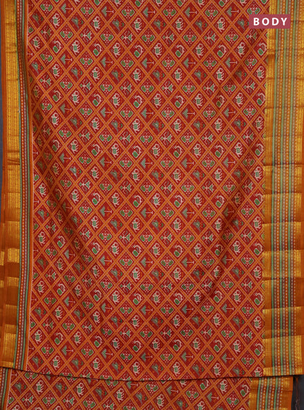 Semi tussar saree maroon and dark mustard with allover patola prints and ikat woven zari border