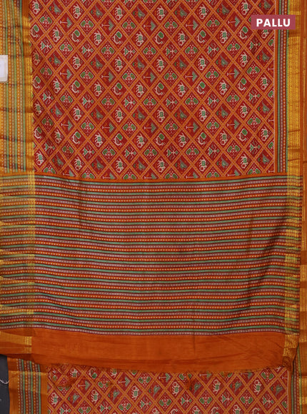 Semi tussar saree maroon and dark mustard with allover patola prints and ikat woven zari border