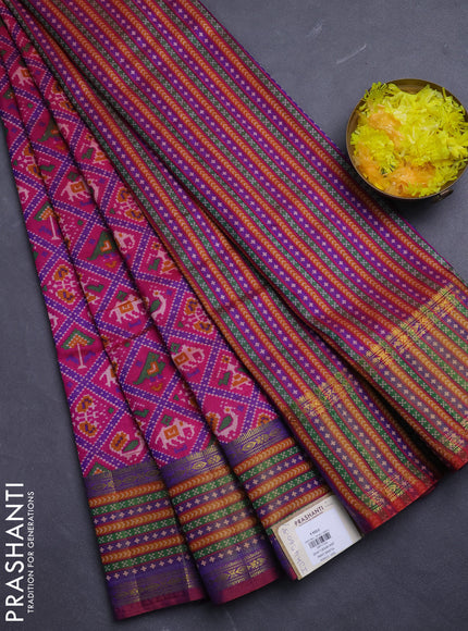 Semi tussar saree pink with allover patola prints and ikat woven zari border