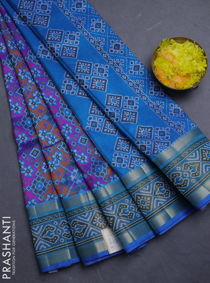 Semi tussar saree blue pink and blue with allover ikat prints and ikat woven zari border