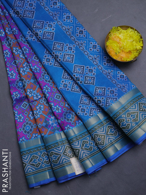 Semi tussar saree blue pink and blue with allover ikat prints and ikat woven zari border