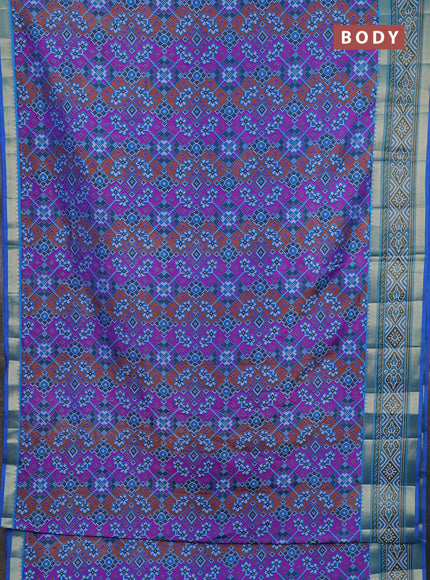 Semi tussar saree blue pink and blue with allover ikat prints and ikat woven zari border