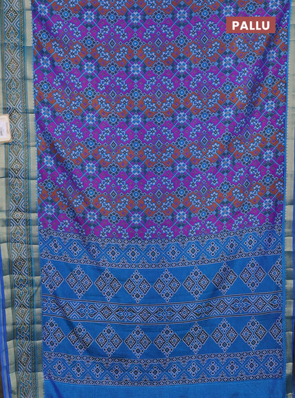 Semi tussar saree blue pink and blue with allover ikat prints and ikat woven zari border