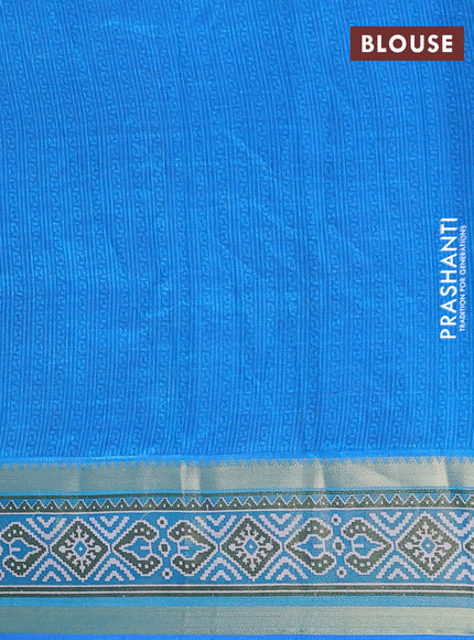 Semi tussar saree blue pink and blue with allover ikat prints and ikat woven zari border