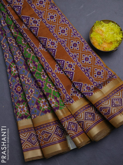 Semi tussar saree green purple and mustard yellow with allover ikat prints and ikat woven zari border