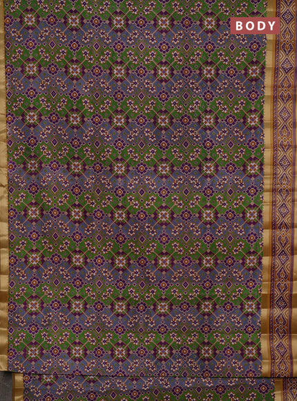 Semi tussar saree green purple and mustard yellow with allover ikat prints and ikat woven zari border