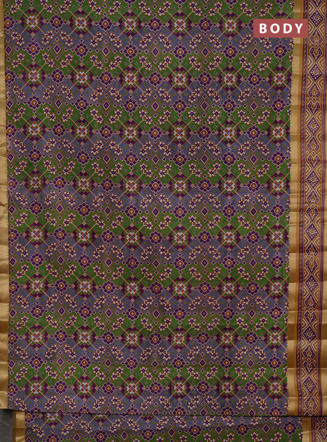Semi tussar saree green purple and mustard yellow with allover ikat prints and ikat woven zari border