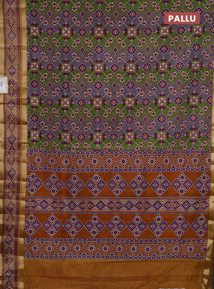 Semi tussar saree green purple and mustard yellow with allover ikat prints and ikat woven zari border