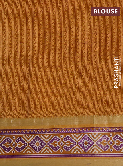 Semi tussar saree green purple and mustard yellow with allover ikat prints and ikat woven zari border