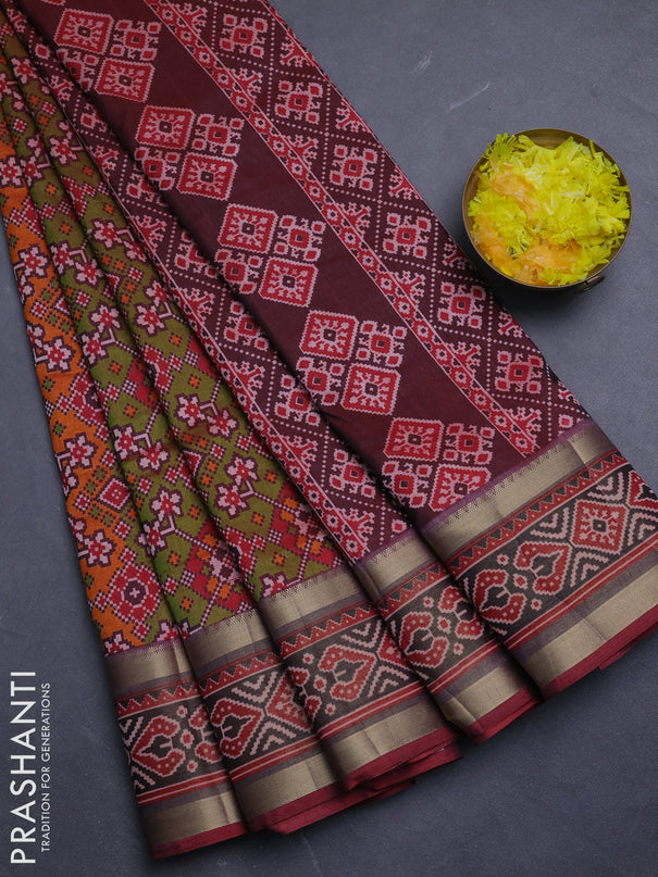 Semi tussar saree mehendi green and maroon with allover ikat prints and ikat woven zari border