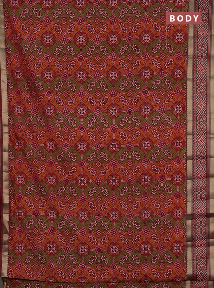 Semi tussar saree mehendi green and maroon with allover ikat prints and ikat woven zari border
