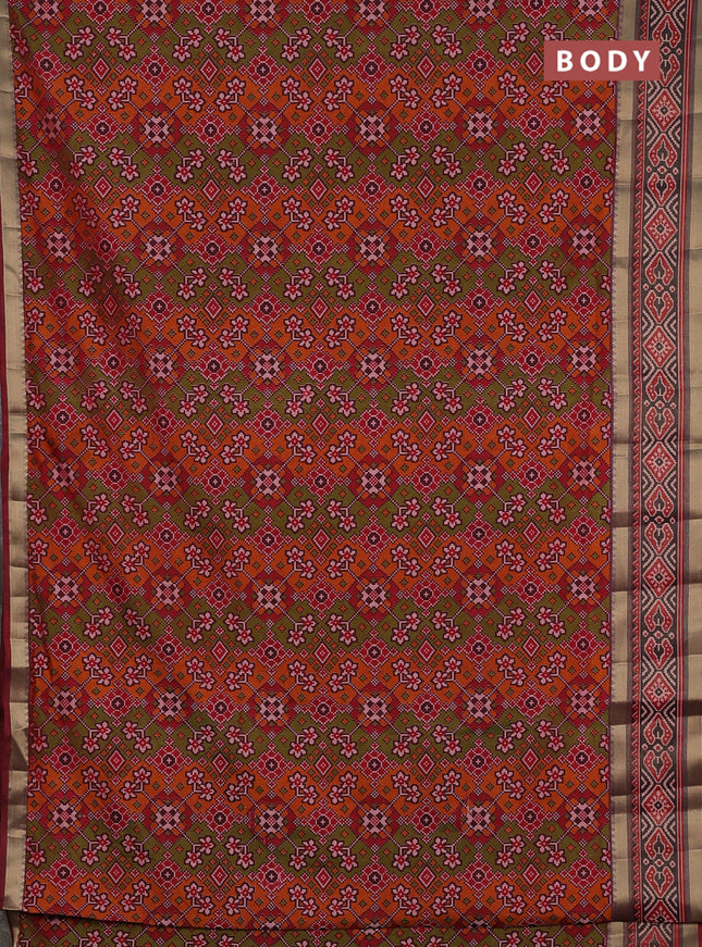 Semi tussar saree mehendi green and maroon with allover ikat prints and ikat woven zari border